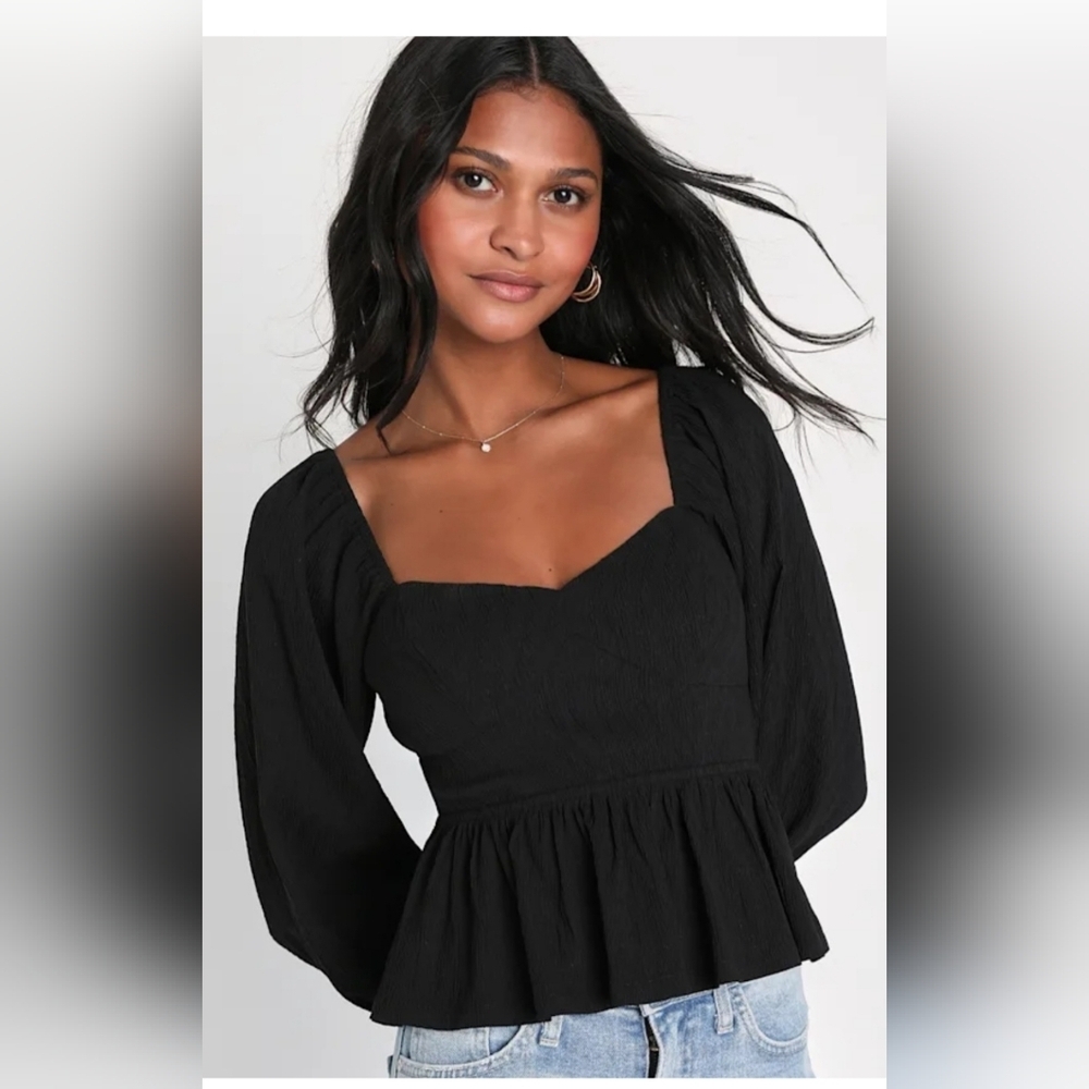 NWT Lulus Black Aesthetic Back Lace Up Ruffled Balloon Sleeve Top Sz S